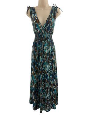 Just Love Feather Print Blue Brown Sleeveless Smocked Waist Maxi Dress Size 1X